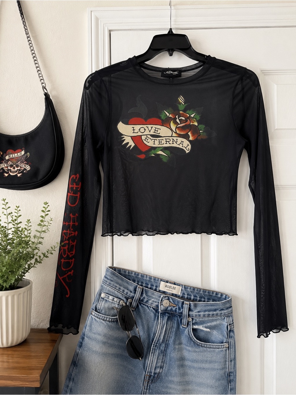 Ed Hardy Black Mesh 'Love Eternal' Cropped Long-Sleeve Top large
